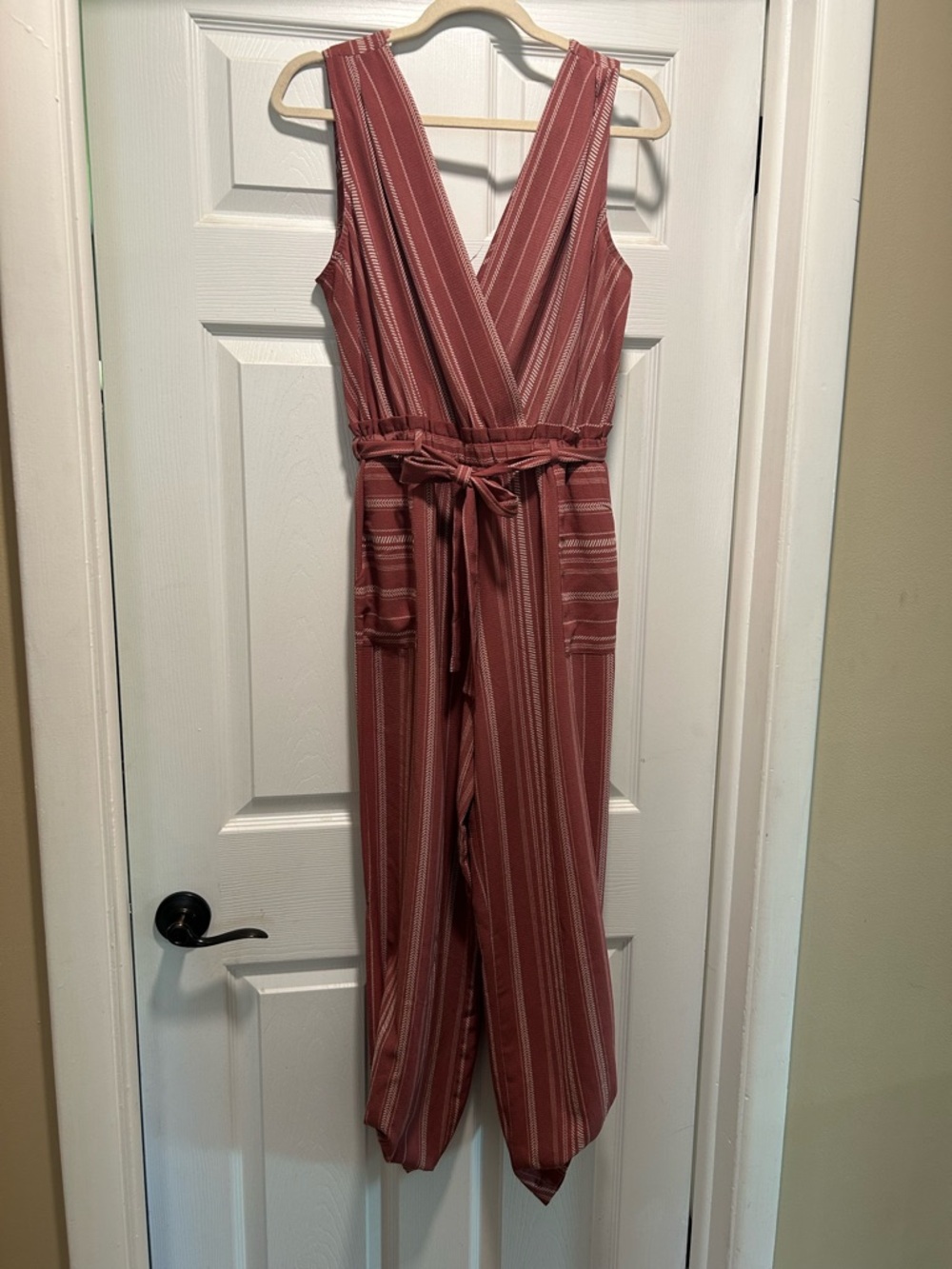 Monteau Rust Striped Sleeveless Jumpsuit with Tie Waist